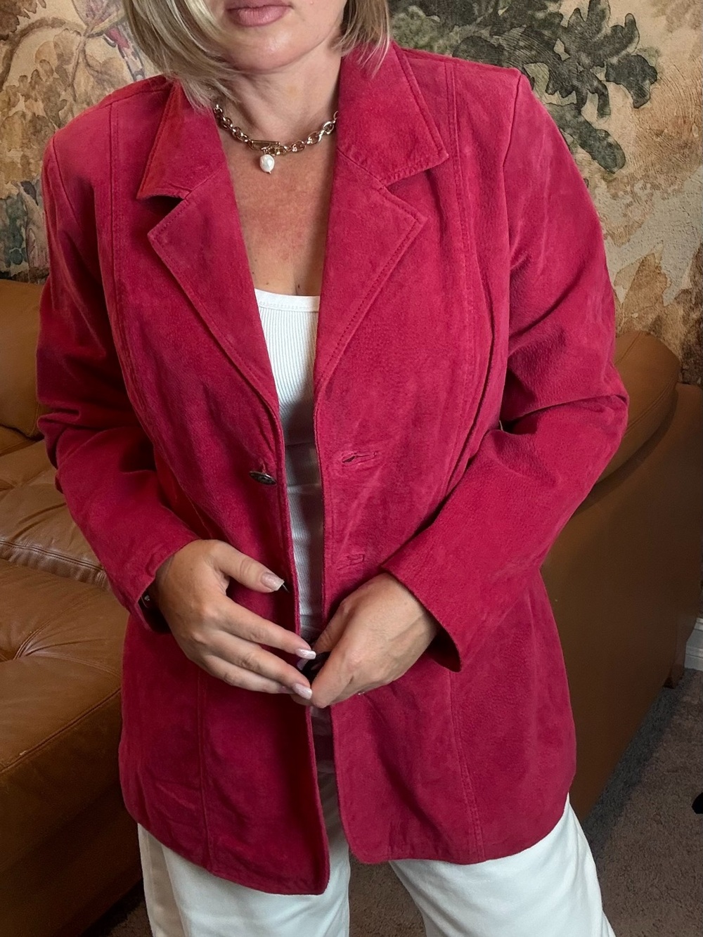D&Co Genuine Leather Suede Jacket Fuchsia Pink Women’s Sz M Washable Chic